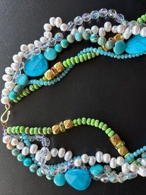 Turquoise, pearl, Swarovski crystal homemade necklace